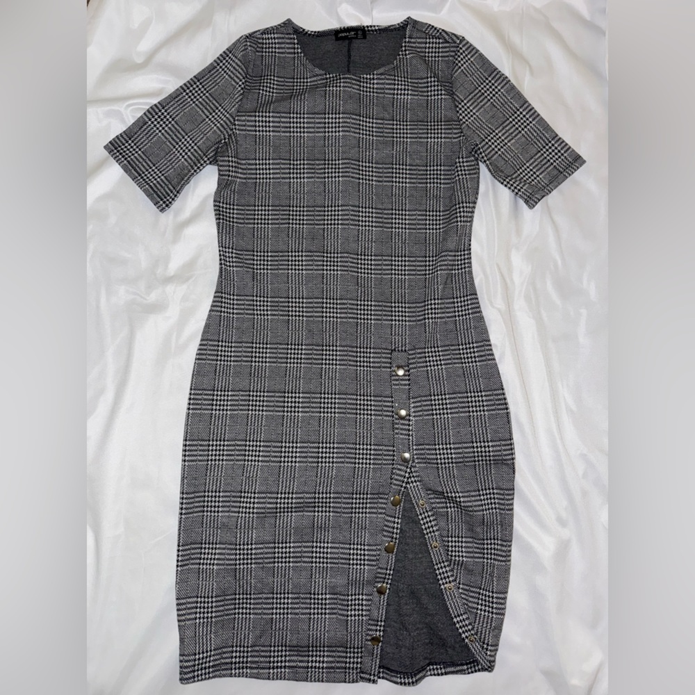 Popular Basics Black and Gray Plaid Mini Dress